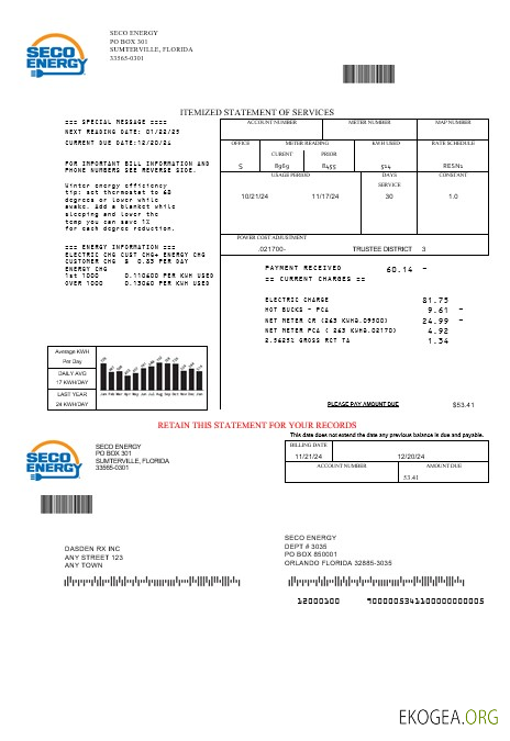 États Unis Floride Modèle de facture de services publics de Seco Energy aux formats Word et PDF
